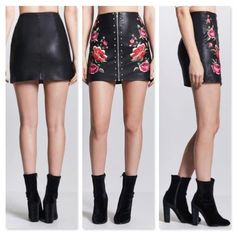 -Forever 21 Black Leather Skirt With Flower Embroidery -Front Zipper And Studs Going Down Front Of Skirt -Inside Is Lined With Silk -No Original Tags But This Is Brand New And Never Worn -Size S Chic Fitted Skirt With Floral Embroidery, Chic Embroidered Mini Skirt, Fitted Floral Embroidered Mini Skirt For Spring, Spring Floral Embroidered Mini Skirt For Party, Spring Floral Embroidered Fitted Mini Skirt, Chic Skirt Bottoms With Floral Embroidery, Chic Skirt With Floral Embroidery, Chic Floral Embroidered Skirt, Embroidered Black Mini Skirt For Spring