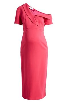 A bump-friendly party dress features a one-shoulder neckline and the joy of a pretty pink hue. One-shoulder neck Short sleeves Lined 96% viscose, 4% spandex Dry clean Imported Pink Off Shoulder Evening Dress With Ruffles, Feminine Knee-length Off Shoulder Dress For Party, Fitted Knee-length Pink One Shoulder Dress, Pink Fitted Knee-length One Shoulder Dress, Pink Off Shoulder Dress For Spring Evening, Pink Fitted Off Shoulder Dress For Formal Events, Chic Pink One Shoulder Dress For Wedding, Chic Pink One-shoulder Asymmetrical Dress, Elegant Pink Off-shoulder Dress For Spring