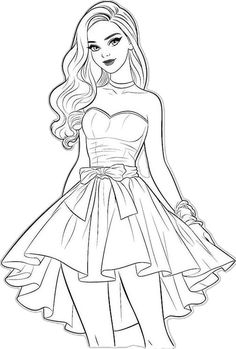 the barbie doll coloring page for girls with long hair, wearing a dress and holding a purse