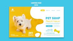 a small white dog sitting on top of a yellow and blue banner with the words pet shop