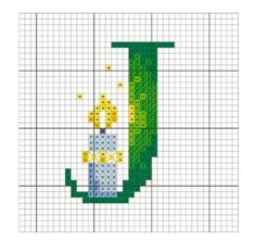 a cross stitch pattern with the letter j in yellow and green, on a white background