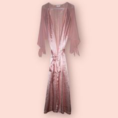 Long Mesh Sleeves Sheer Fitted Party Robe, Chic Pink Sleepwear For Wedding Night, Pink Fitted Robe For Wedding Night, Feminine Long Sleeve Party Sleepwear, Sheer Fitted Sleepwear For Spring, Fitted Sheer Sleepwear For Spring, Spring Wedding Night Sleepwear With Open Front, Elegant Summer Wrap Sleepwear, Fitted Satin Robe For Loungewear