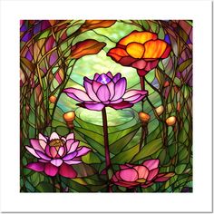 a stained glass window with flowers and leaves in the center, surrounded by water lilies