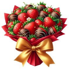 a bouquet of strawberries with chocolate covered strawberries in the center and gold ribbon