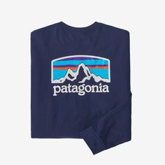 M's L/S Fitz Roy Horizons Responsibili-T Sound Blue Patagonia Long Sleeve, Crewneck Style, Get Back To Work, Men's Long Sleeve T-shirt, Recycled Bottles, Selling Clothes, Carbon Footprint, Outdoor Apparel, Outdoor Outfit