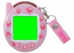 a pink electronic device with a green screen on it's front and back sides