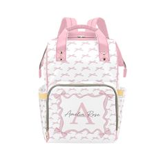 a pink and white backpack with the letter a on it