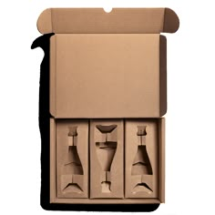 an open cardboard box with four different types of tools in the front and side, on a white background