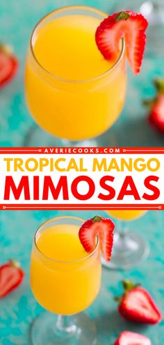 two glasses filled with tropical mango mimosas on top of a blue table next to strawberries