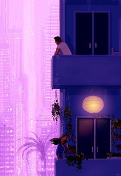 two people standing on the balcony of a tall building in front of a purple cityscape