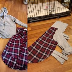 three different types of clothing laying on the floor in front of a caged dog bed