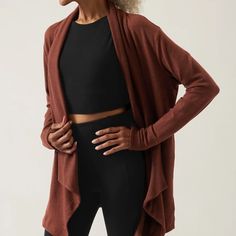 Athleta Mahogany Heather Nirvana Pranayama Restore Wrap Cardigan Brand New - Without Hang Tag, The Brand Name On The Inside Label Is Partially Covered/Cut To Prevent Return To The Retail Stores. Material - Body: 97% Modal,3% Spandex For: Layering Up To And From Your Workout Feel: Nirvana Is The Softest Fabric Imaginable Fave: Side Pockets Stash Your Essentials 97% Tencel Modal/3% Spandex Sustainable: Tencel Modal Is A Fiber That Is Produced From European Beech Trees Harvested From Sustainable Fo Versatile Brown Yoga Activewear, Brown Athleisure Activewear For Loungewear, Brown Athleisure Activewear For Fall, Brown Activewear For Fall Workout, Brown Athleisure Activewear With Relaxed Fit, Brown Activewear For Workout In Fall, Brown Relaxed Fit Athleisure Activewear, Versatile Fall Yoga Activewear, Brown Relaxed Fit Sporty Activewear