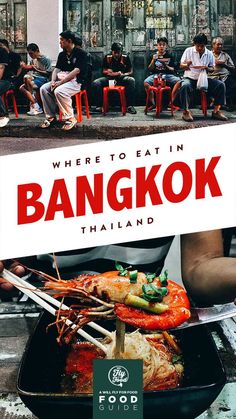 there is a sign that says where to eat in bangkok thailand with people sitting outside