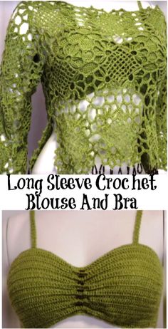 a crocheted crop top and bra with the words long sleeve crochet blouse and bra