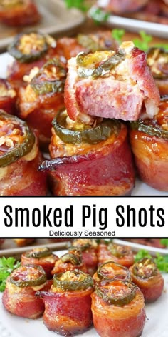 smoked pig shots with jalapenos on the side and bacon wrapped around them