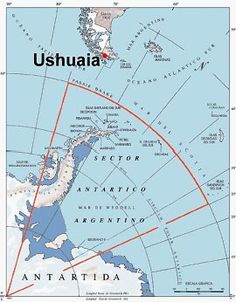 a map with the location of ushuaa in red and an antartida on blue