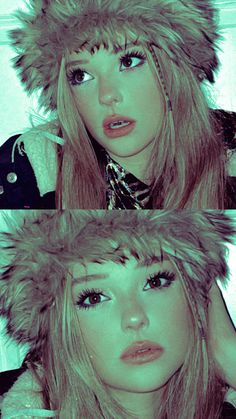 two pictures of the same woman with long hair and fur on her head, one is wearing