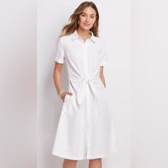 Linen Blend New With Tags White Elegant Shirt Dress With Tie Waist, White Tie-waist Shirt Dress For Summer, White Shirt Dress With Tie Waist For Summer, White Shirt Dress With Tie Waist For Day Out, White Tie Waist Workwear Dress, White Tie Waist Dress For Work, White Short Sleeve Shirt Dress With Tie Waist, Elegant Short Sleeve Shirt Dress For Daytime, White Midi Shirt Dress With Tie Waist