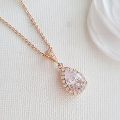 Rose Gold Necklace Bridal Clear Cubic Zirconia Small Teardrop | Etsy Rose Gold Teardrop Bridal Necklace Gift, Formal Rose Gold Teardrop Drop Necklace, Rose Gold Teardrop Bridal Necklace, Delicate Rose Gold Drop Necklace For Wedding, Rose Gold Teardrop Drop Necklace For Wedding, Wedding Rose Gold Teardrop Drop Necklace, Dainty Rose Gold Teardrop Pendant Drop Necklace, Rose Gold Pear-shaped Necklace For Wedding, Gold Necklace Bridal