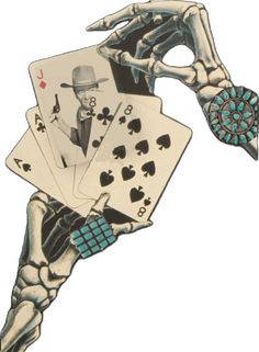 a skeleton holding four playing cards in his hand, with the image of a man wearing a top hat