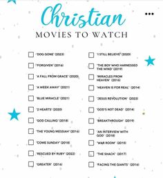 the christian movies to watch list is shown in blue and white with stars on it