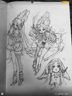 two drawings of girls with long hair and wings, one is holding a bird while the other