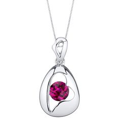 It's love all around as this pendant necklace hangs with elegance. A closer look shows a cutout tilted heart of shiny Sterling Silver as well as a created Ruby. Finishing it all is an arrangement of handcut facets across the deep red surface for a graceful refraction of light. Includes a box for easy gift giving.Main StoneCreated RubyRound 6x6mm1.25 caratsRed color Eye Clean clarityMetalSterling Silver925 stamp 2.75 gramsIncludes 18 inch Sterling Silver Box Style Chain. Pendant features exceptional Design, Craftsmanship and Finish. Ruby is the Birthstone of July. Perfect gift for Mothers Day, Birthdays, Valentines Day, Graduation, Christmas or just about any other occasion.Includes Certificate of Authenticity. Arrives in a Signature in a Signature Gift Box. Style SP11570 Heart Cross Necklace, Blue Sapphire Bracelet, Alexandrite Jewelry, Refraction Of Light, Ruby Necklace Pendant, Blue Sapphire Necklace, Minimalist Pendant, Solitaire Pendant Necklace, Ruby Pendant