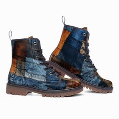 Leather Boots Blue and Brown Denim Patchwork – CoolWear Classic Boots, Denim Patchwork, Fashion People, Jean Outfits, Blue Jeans, Leather Boots, Pu Leather, Boots, Blue