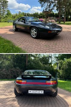 two pictures of the same car parked in front of each other on a brick driveway