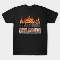 a black t - shirt with the words basketball and flames on it