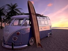 a vw bus is parked on the beach with a surfboard