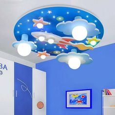 a room with blue walls and white ceilinging has an airplane painted on the ceiling