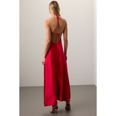 Red (98% Polyester, 2% Satin). Gown. Sleeveless. Halter neck. Pull-on closure. 56" from shoulder to hemline. Made in the USA of imported fabric.¬† Sleeveless Satin Halter Dress With Fitted Bodice, Red Halter Neck Sleeveless Dress For Evening, Red Halter Neck Sleeveless Evening Dress, Party-ready Bias Cut Halter Maxi Dress, Red Satin Sleeveless Dress, Bias Cut Maxi Length Halter Dress For Party, Halter Neck Bias Cut Maxi Dress For Party, Floor-length Bias Cut Maxi Dress For Date Night, Spring Sleeveless Satin Gown