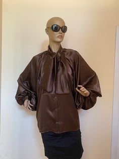 "This is a very stylish Womens Silk blouse. It is comfortable and cozy. Made for a free flowing fit. Great for all year around and for any special occasion or casual day can be dressed up or dressed down. SIZE CHART SIZE S - US 6, UK 8, EU 36 bust: bust around 34.5\"/90cm Waist: waist around 27.5\"/70cm Hips: hips around 34.5\"/90cm SIZE M - US 8, UK 10, EU 38 bust: bust around 37.5\"/95cm Waist: waist around 29.5\"/75cm Hips: hips around 37.5\"/95cm SIZE L - US 10, UK 12, EU 40 bust: bust aroun Brown Silk Party Tops, Party Brown Silk Tops, Fall Satin Top With Blouson Sleeves, Chic Silk Shirt For Fall, Brown Silk Blouse For Work, Fall Solid Silk Tops, Silk Fall Blouse, Brown Tops For Evening And Fall Season, Brown Tops For Evening In Fall