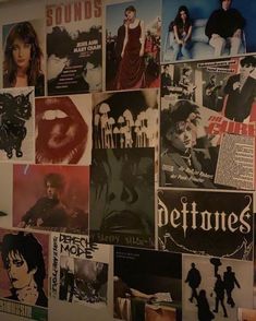 a wall covered with posters and pictures of people in different styles, sizes and colors