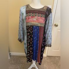 Dress Or Tunic In Xl New With Tags. Pit To Pit Is 20”. Multi Media Fabric And Print, Cute Dress With Gold Embellishment On Front, Button Back Closure Blue Boho Print Dress For Fall, Multicolor Long Sleeve Boho Dress, Blue Bohemian Long Sleeve Dress, Multicolor Long Sleeve Boho Dress For Brunch, Long Sleeve Multicolor Boho Dress For Brunch, Bohemian Long Sleeve Shift Midi Dress, Blue Long Sleeve Bohemian Dress, Long Sleeve Mixed Print Dress For Spring, Long Sleeve Dress With Mixed Print