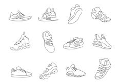 a set of nine different shoes drawn in one line on a white background stock photo