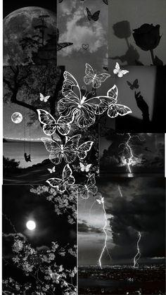 black and white images with butterflies flying in the night sky, moon, clouds, and tree silhouettes