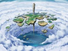 an image of a floating city in the sky with clouds and water around it,