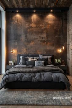 a large bed sitting in a bedroom next to a wooden wall with lights on it