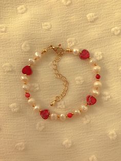 Amora Bracelet Valentine Heart Beaded Bracelet Freshwater Pearl Bracelet - Etsy Cheap Dainty Bracelets With Heart Beads, Cheap Pearl Jewelry With Heart Beads, Cheap White Beaded Bracelets For Valentine's Day, Red And Gold Beaded Bracelet, Red Gold Bracelet, Beaded Bracelets With Pearls, Valentine Beaded Bracelets Diy, Red Pearl Bracelet, Valentines Day Beaded Bracelets