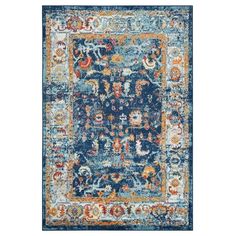 an area rug with blue and orange colors