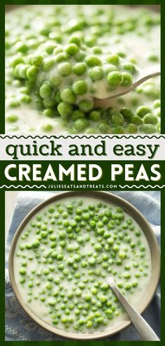 peas and cream in a bowl with the words, quick and easy cremed peas