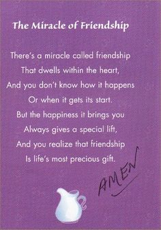 a purple card with an image of a pitcher and the words,'the miracle of friendship '