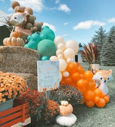 an assortment of balloons, pumpkins and hay bales on display in a field