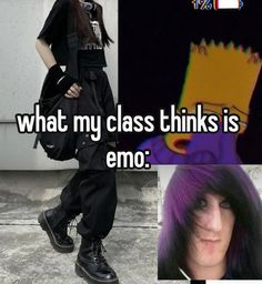 a girl with purple hair and black shoes is standing in front of a wall, the capt says what my class thinks is emo