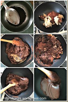 four pictures showing how to make chocolate cake in a skillet and then cooking it