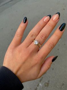 One French Tip Accent Nail, Black French Tip With Sparkle Line, Black French Tip Nails Short Coffin, Black Shirt French Tip Nails, Wedding Guest Nails Black Dress, Dip Nail Ideas Black, Black Almond Shape Nails, Dark Grey French Tip Nails, Subtle Black Nails