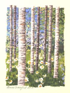 a painting of some trees and flowers in the grass