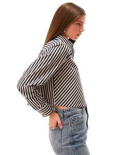 Cotton poplin striped cropped button down shirt. Features mixed stripe placement. 100% Cotton Classic Button-up Cropped Shirt For Daywear, Cotton Button-up Cropped Shirt, Classic Cropped Button-up Shirt With Button Cuffs, Cotton Relaxed Fit Button-up Cropped Shirt, Luxury Fitted Button-up Cropped Shirt, Cropped Button Down, Crop Blouse, Black Blouse, Fashion Tops